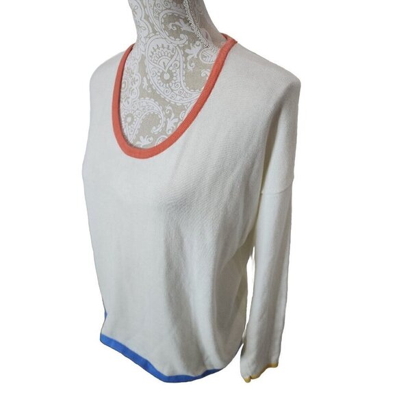 Hannah Sweater Ivory Colorful Trim Lightweight Long Sleeve Soft Women's Medium - Picture 2 of 8